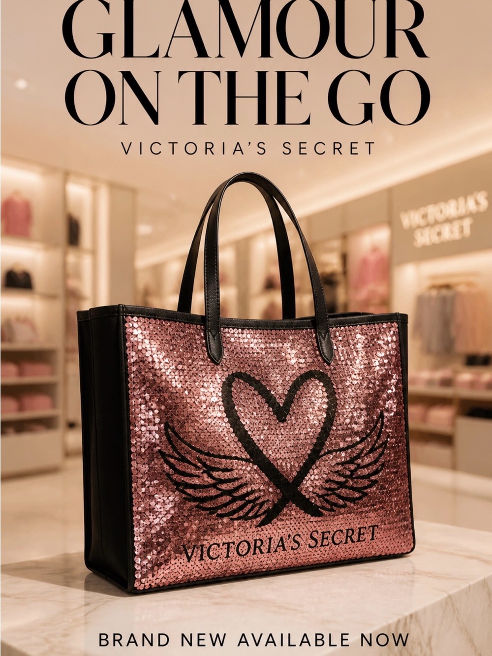 Victoria's Secret Rose Pink Sequin Tote with Black Trim